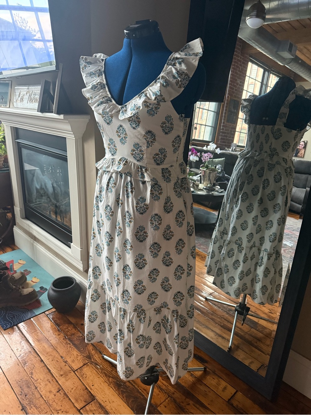 J. Crew White Maxi Dress with Blue Floral Print and Ruffle V-Neck